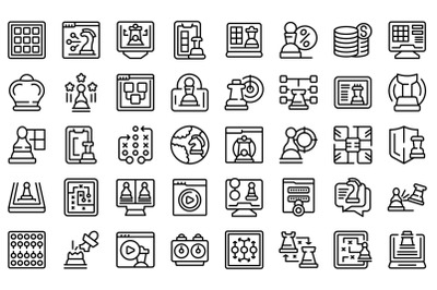 Online chess game icons set outline vector. People activity