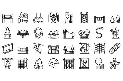 Rope park icons set outline vector. Walk adult