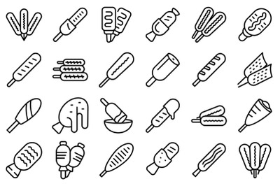 Corn dog icons set outline vector. American carnival