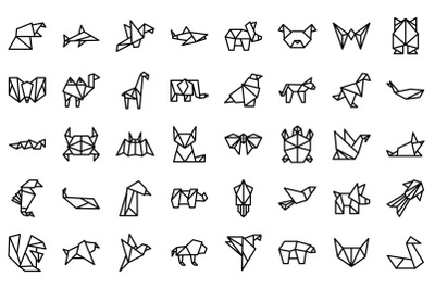 Origami animals icons set outline vector. Paper fish