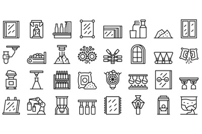 Glass production icons set outline vector. Raw manufacturing