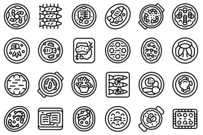 Portugese cuisine icons set outline vector. Cooking bowl