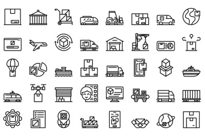 Freight traffic icons set outline vector. Train goods