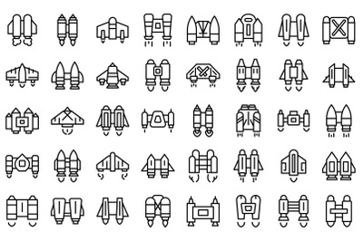 Jetpack icons set outline vector. Rocket fly