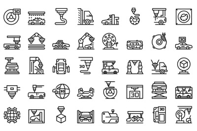 3D cars printing icons set outline vector. Computer printer