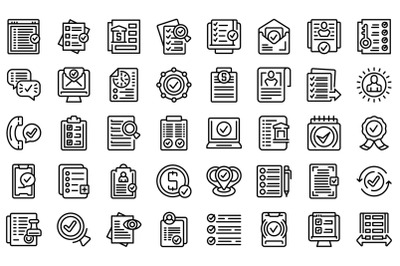 Application approval icons set outline vector. File loan