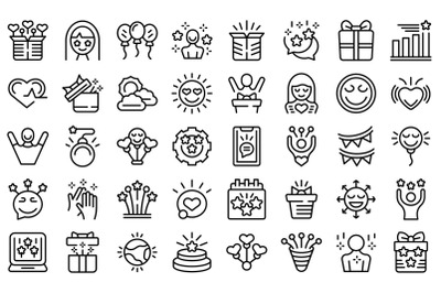 Delight icons set outline vector. Happy woman