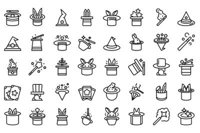 Magic hat icons set outline vector. Magician rabbit