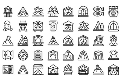 Glamping icons set outline vector. Tent adventure