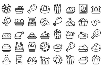 Chicken nuggets icons set outline vector. Basket grill