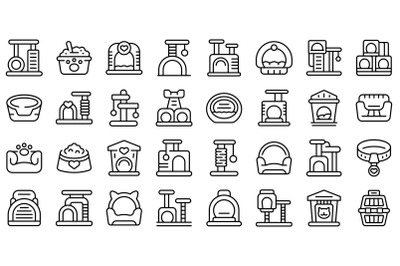 Cat house icons set outline vector. Tree tower