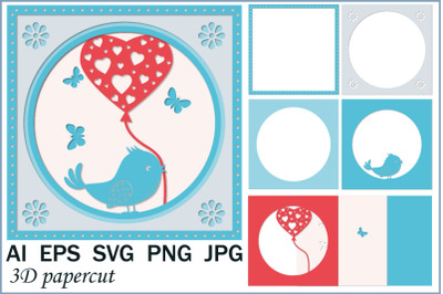 3D bird postcard with heart, paper clipping SVG