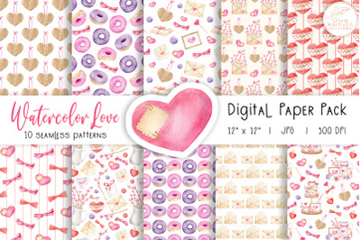 Watercolor Love Digital Paper Pack. Valentine&#039;s Day Seamless Patterns