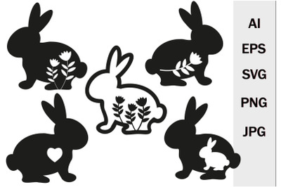 Set of Easter bunnies silhouette for printing svg