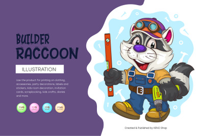 Cartoon Raccoon Builder. T-Shirt, PNG, SVG.