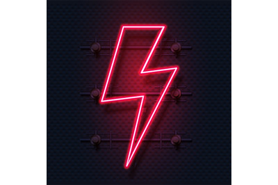 Neon bolt. Realistic signboard of electric flash. Zigzag shaped lamp.