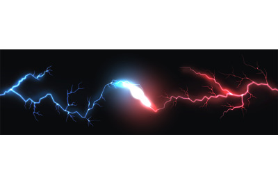 Lightning. Collision of blue and red thunderbolts. Flash and explosion