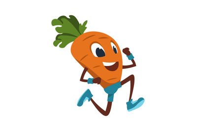 Cartoon carrot. Funny vegetable doing fitness exercises and jogging. R