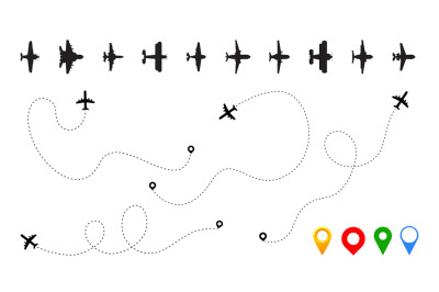 Airplane path. Plane silhouettes with route. Aircraft tracking. Outlin