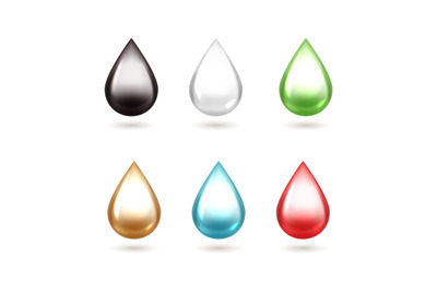 Realistic drops. 3D falling drip. Glossy droplet, light reflection and