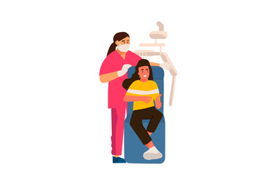 Dentist and patient. Cartoon scene in dental clinic. Young woman sitti