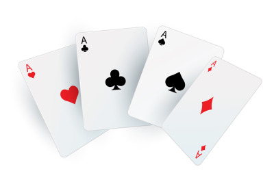 Playing poker cards. Realistic fan of aces. Square white cardboards. B