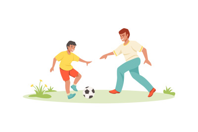 Father and son playing football. Family scenes. Cartoon people sport a