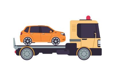 Tow truck. Cartoon evacuator. Side view of lorry carries automobile in