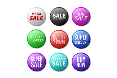 Round sale badges. 3D promotional brooches. Collection of circle tags