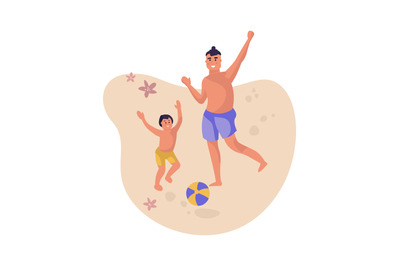 Father and son at beach. Cartoon man and child play with ball on sand.