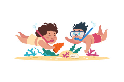 Kids diving. Cartoon children swimming underwater with goggles and sno