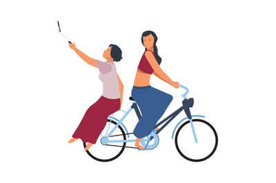 People on bike. Cute women riding on bicycle. Girls driving cycle and