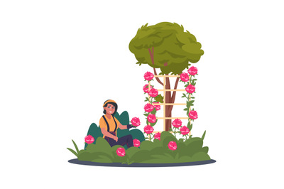 Woman in garden with flowers. Colorful female character farmer with pi