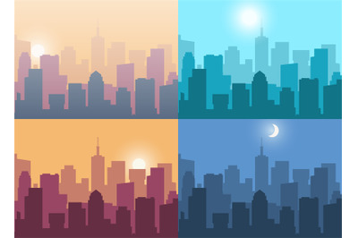 Cityscape. City view at night or at sunrise and sunset. Landscape with