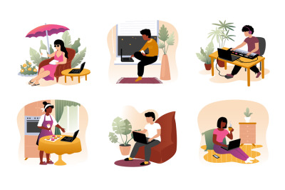 Work from home. Cartoon men and women sit with laptops. Freelance or l