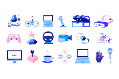 Gaming icons. Cartoon electronic devices. Isolated computers and gamep