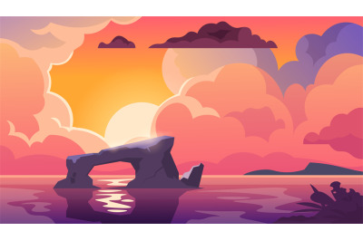 Sunset ocean. Cartoon landscape in evening or morning. Cloudy sky and