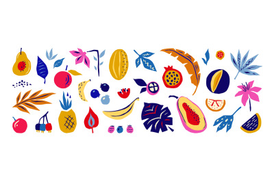 Exotic fruits and flowers. Doodle tropical plants. Colorful mango and