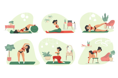 Home exercises. Cartoon woman doing fitness and sport activities, indo