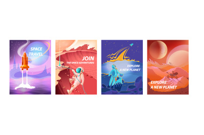 Space landscape posters. Cosmonauts in spacesuits exploring galaxy. Co