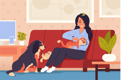 Woman at home with pets. Cartoon girl character relaxing on couch with