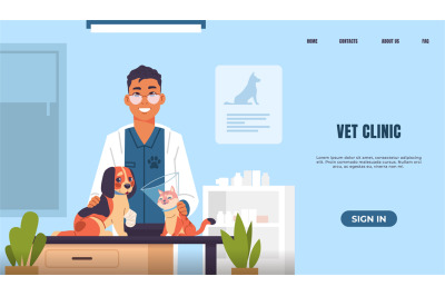 Vet clinic landing page. Website template with veterinarian&2C; pet owner