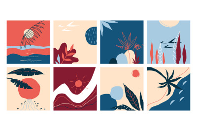 Doodle banners. Abstract hand drawn landscapes. Tropical leaves and su