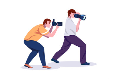 Paparazzi. Cartoon photographers with professional cameras. Smile men