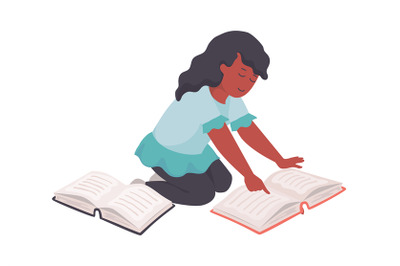 Girl with books. Cartoon teenager reading. Young person sitting on flo