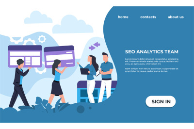 SEO analytics team landing page. Website promotion service. Web interf