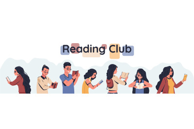 Reading club poster. Men and women holding open books, readers enjoyin