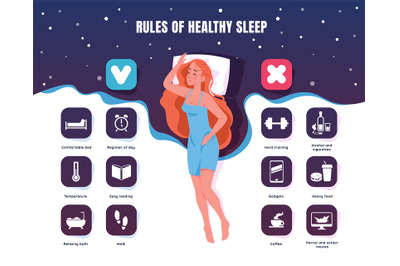 Healthy sleep. Cartoon sleeping woman rest in bed. Bedtime rules for b