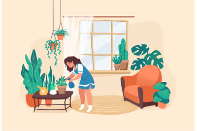 Woman watering flowers. Cartoon girl taking care of plants. Decorate r