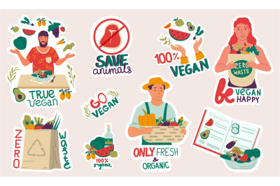 Vegan and recycle stickers. Vegetarians cook and eat vegetables and fr